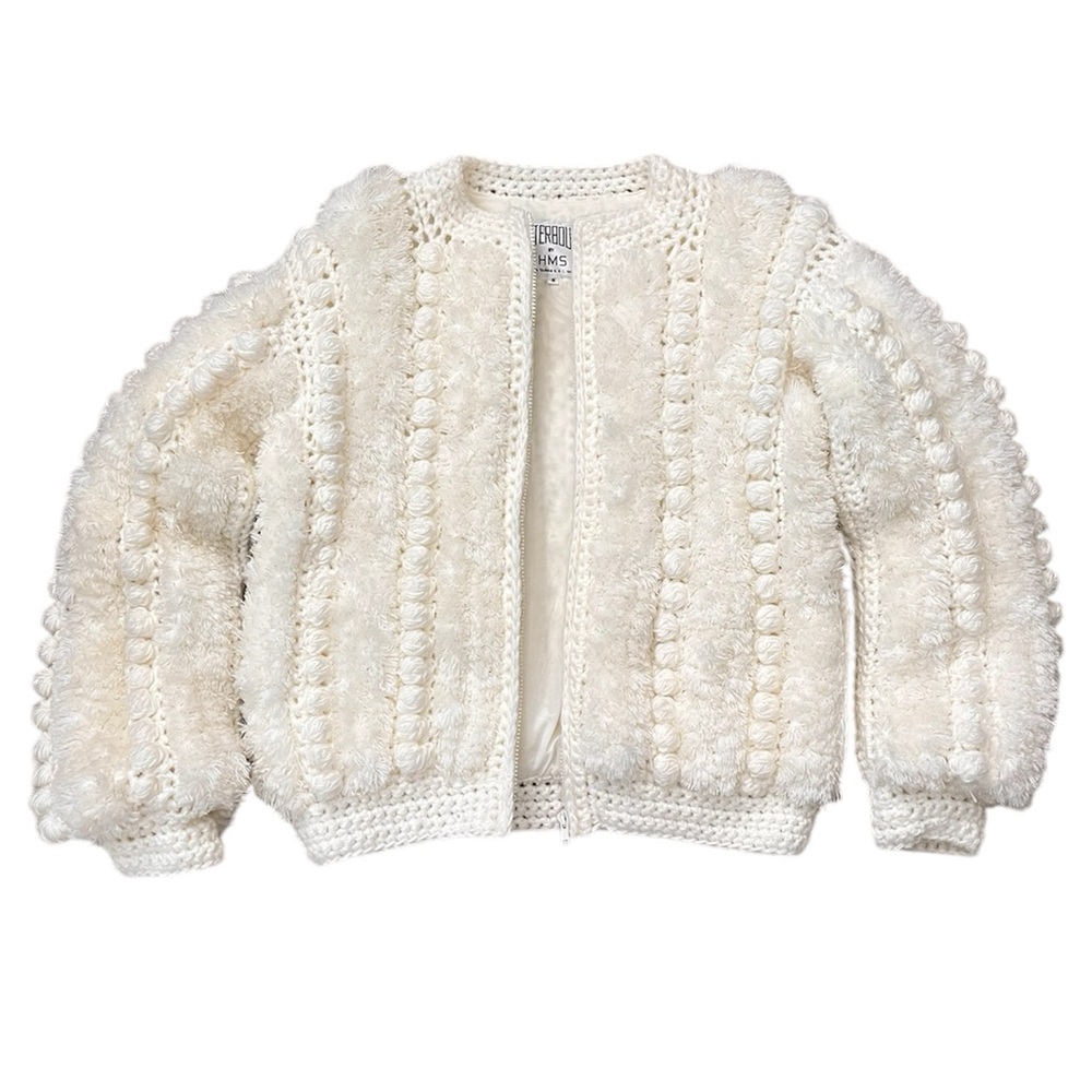 Vintage Chunky Knit Cardigan Coat Jacket Pom Pom Crochet S Small